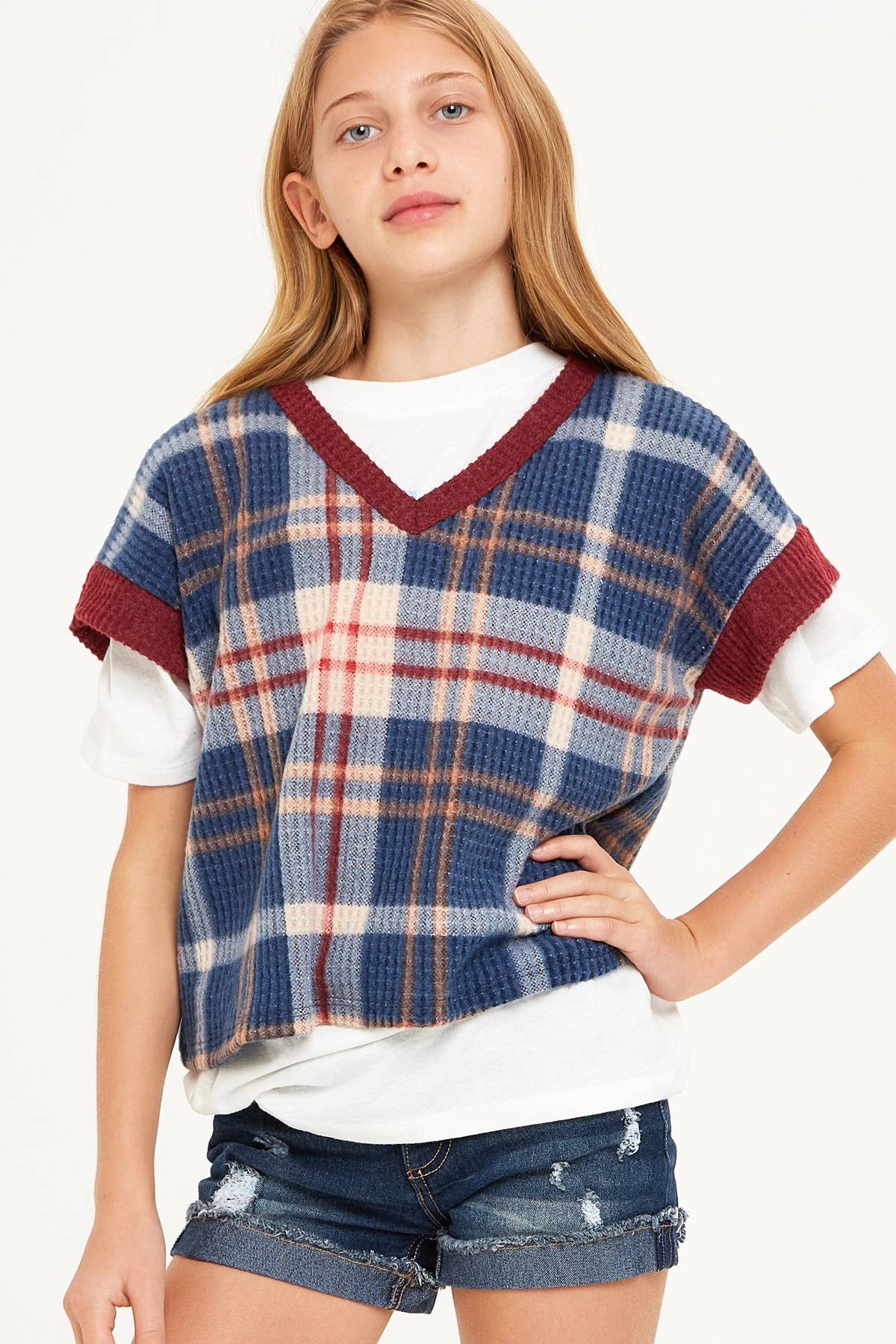 Plaid Pattern V-neck Waffle Knit Crop Vest
