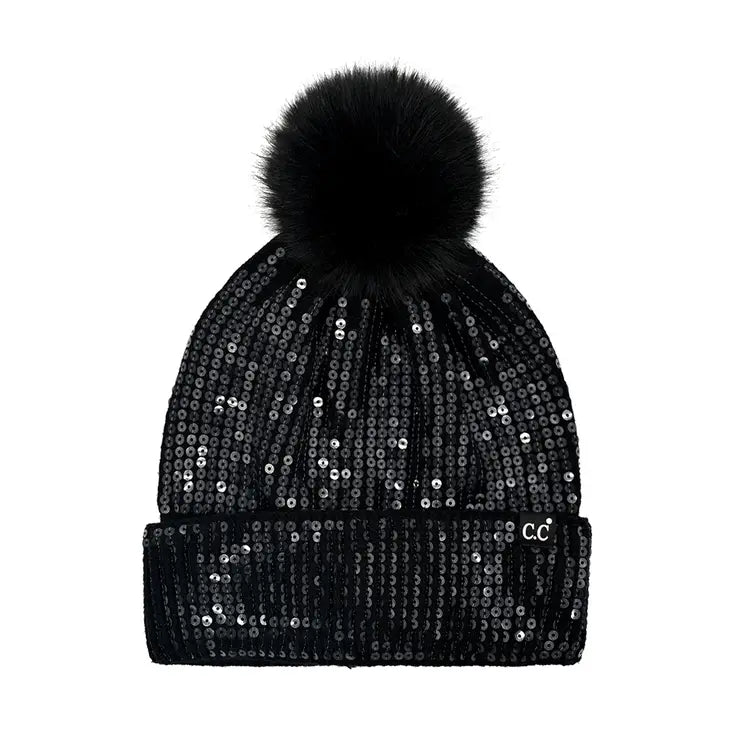 C.C All Over Clear Sequin Pom Beanie