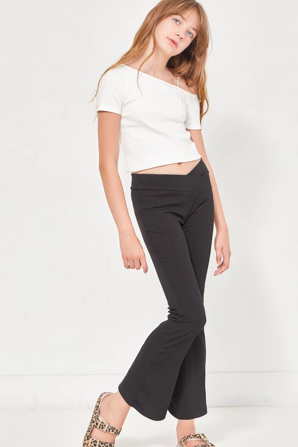 Crossover Waist Ribbed Flare Pants